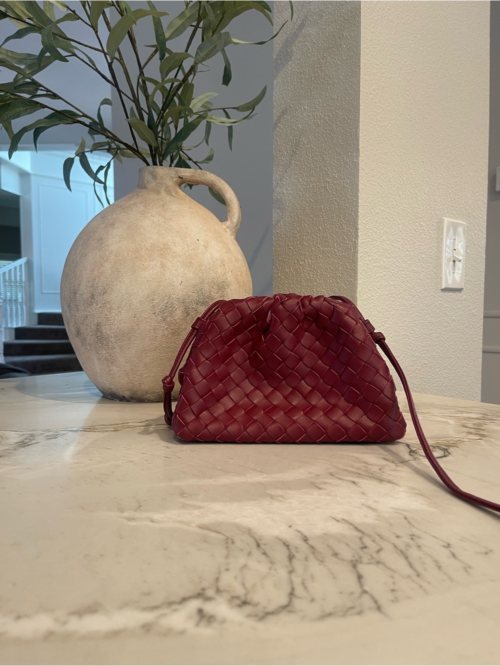 Woven Leather Crossbody Bag in Burgundy